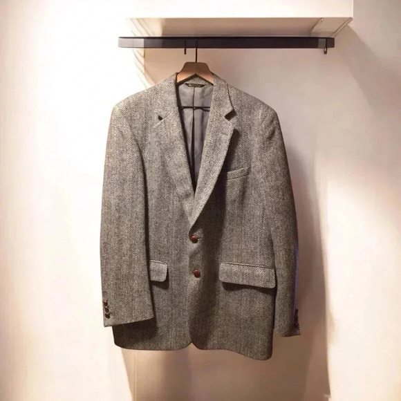 Vtg Harris Tweed 45R Gray Woven Scottish Wool 2Btn Blazer Suit Jacket Sport Coat - Picture 1 of 6